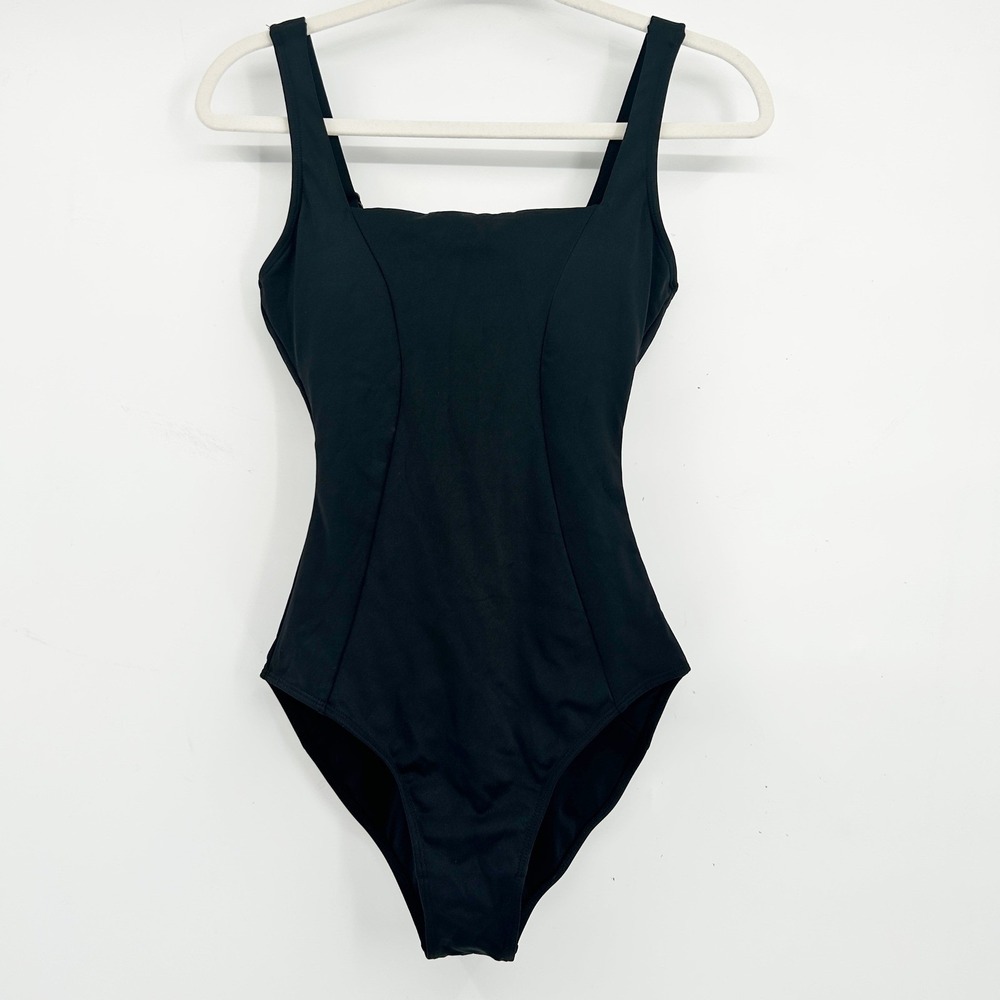 TA3 Womens Black Squarey Square Neck Lace Up Back Shaping One Piece Swimsuit S‎
